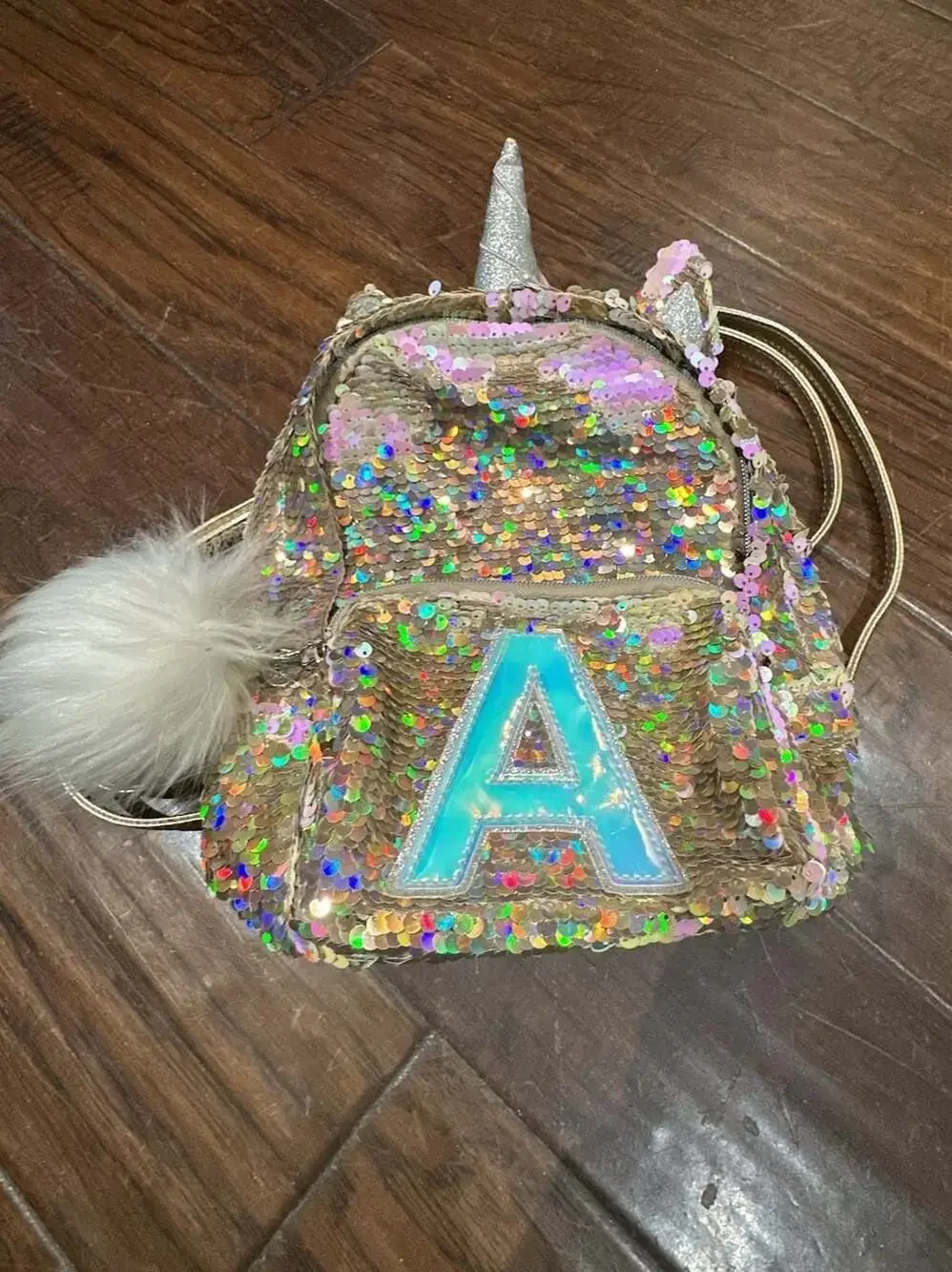 Justice Gold Iridescent Sequin Unicorn Mini Backpack Letter A